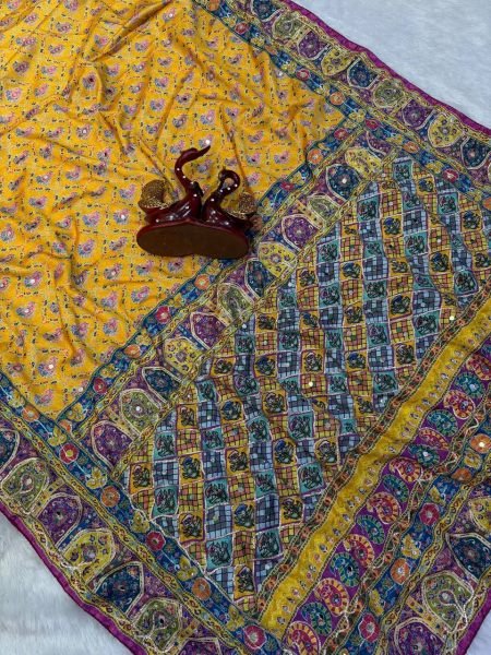 Artisanal Mustard Yelllow Soft Chinnon Printed Saree with Mirror and Diamond Hand Work Printed Cotton Sarees Wholesale