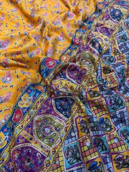 Artisanal Mustard Yelllow Soft Chinnon Printed Saree with Mirror and Diamond Hand Work Printed Cotton Sarees Wholesale