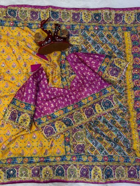 Artisanal Mustard Yelllow Soft Chinnon Printed Saree with Mirror and Diamond Hand Work Printed Cotton Sarees Wholesale