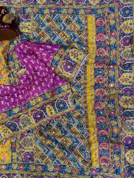 Artisanal Mustard Yelllow Soft Chinnon Printed Saree with Mirror and Diamond Hand Work Printed Cotton Sarees Wholesale