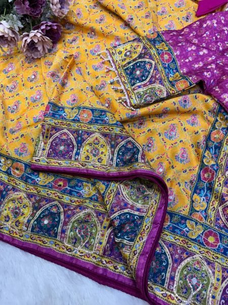 Artisanal Mustard Yelllow Soft Chinnon Printed Saree with Mirror and Diamond Hand Work Printed Cotton Sarees Wholesale