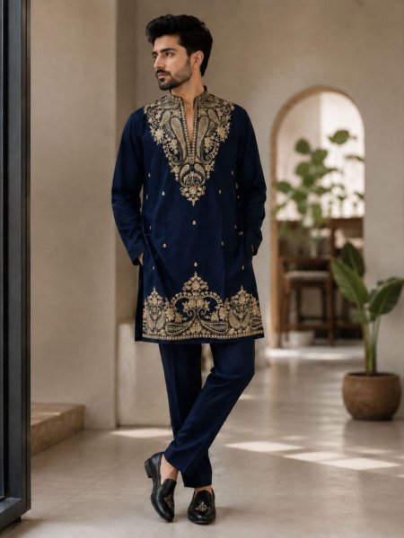 Artisanal Navy Blue  Men s Party Wear Kurta Polo Pant Set with Rich Gold Embroidery Work 