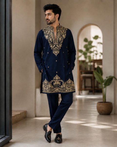 Artisanal Navy Blue  Men s Party Wear Kurta Polo Pant Set with Rich Gold Embroidery Work Kurta Pajama Wholesale