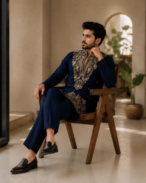 Artisanal Navy Blue  Men s Party Wear Kurta Polo Pant Set with Rich Gold Embroidery Work Kurta Pajama Wholesale