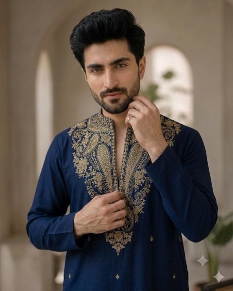 Artisanal Navy Blue  Men s Party Wear Kurta Polo Pant Set with Rich Gold Embroidery Work Kurta Pajama Wholesale
