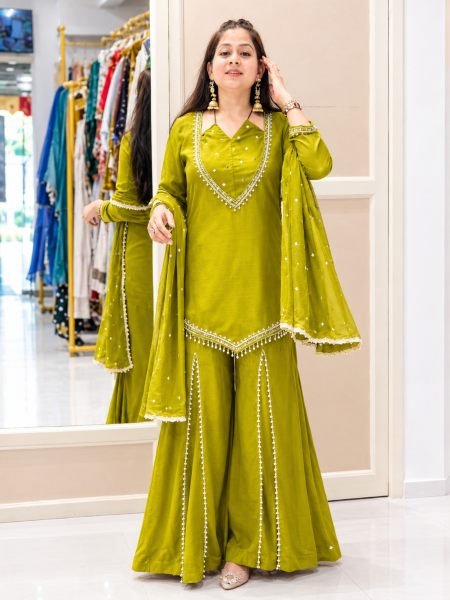 Artisanal Parrot Green Roman Glass Top with Full Sleeve and Heavy Micro Cotton Inner 