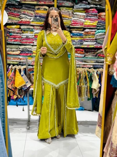 Artisanal Parrot Green Roman Glass Top with Full Sleeve and Heavy Micro Cotton Inner Ready To Wear Collection