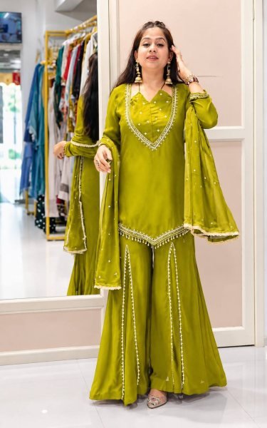Artisanal Parrot Green Roman Glass Top with Full Sleeve and Heavy Micro Cotton Inner Ready To Wear Collection