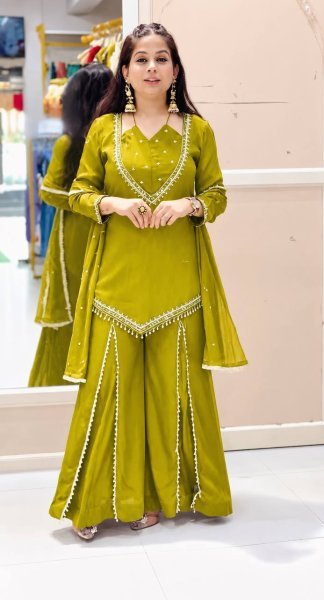 Artisanal Parrot Green Roman Glass Top with Full Sleeve and Heavy Micro Cotton Inner Ready To Wear Collection