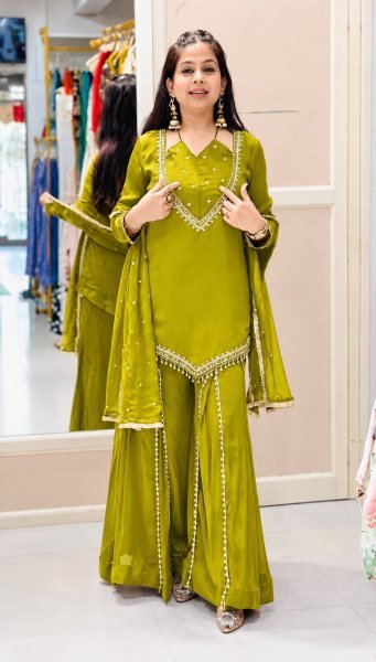Artisanal Parrot Green Roman Glass Top with Full Sleeve and Heavy Micro Cotton Inner Ready To Wear Collection