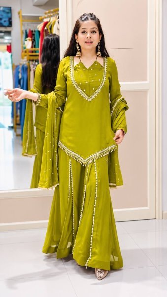 Artisanal Parrot Green Roman Glass Top with Full Sleeve and Heavy Micro Cotton Inner Ready To Wear Collection