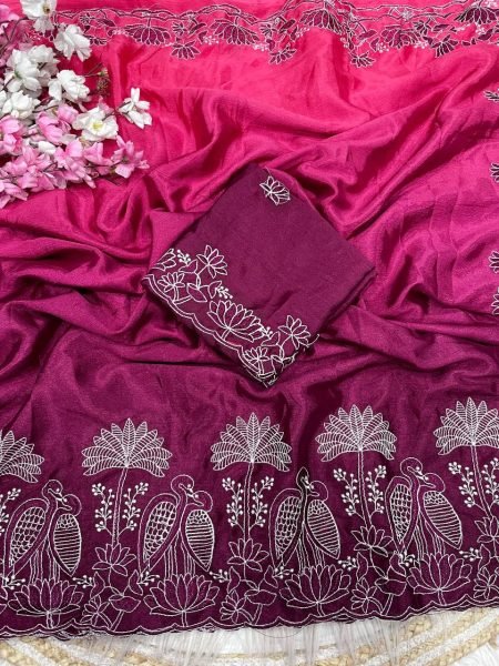 Artisanal Pink Chinnon Saree with Elegant Bird Embroidery Work For Boutiques Collection  Embroidery Sarees Wholesale