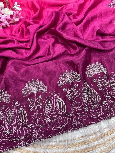 Artisanal Pink Chinnon Saree with Elegant Bird Embroidery Work For Boutiques Collection  Embroidery Sarees Wholesale