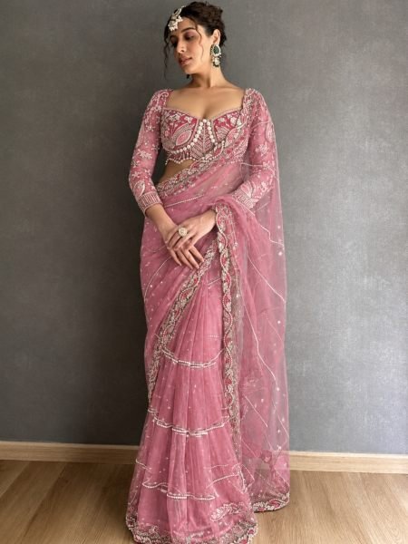 Artisanal Pink Designer Net Saree with Embroidery Dori and Sequin Work for Party 