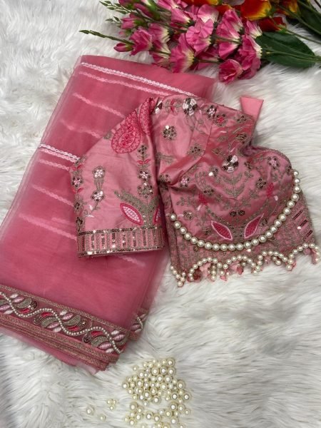Artisanal Pink Designer Net Saree with Embroidery Dori and Sequin Work for Party  Designer Wedding Sarees Wholesale