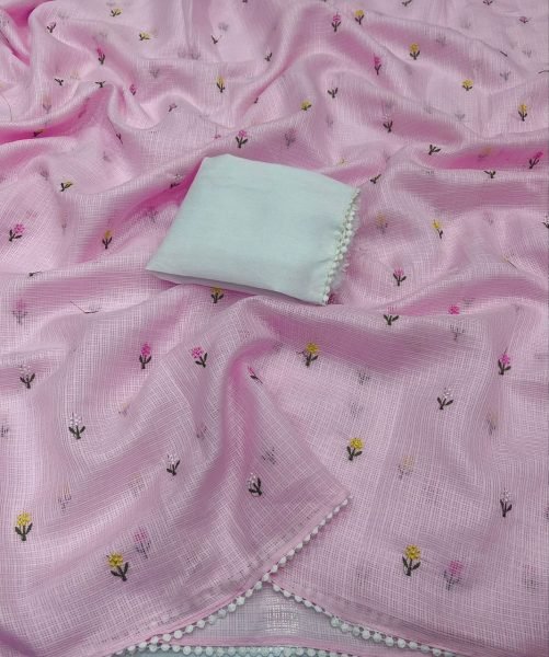 Artisanal Pink Kota Saree with Delicate Floral Embroidery And Designer Blouse  Embroidery Sarees Wholesale