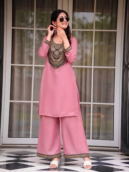 Artisanal Pink Pure Solar Chiffon Silk Top Palazzo Set with Sequin Embroidery Kurtis