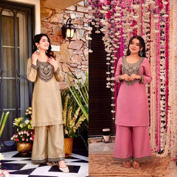 Artisanal Pink Pure Solar Chiffon Silk Top Palazzo Set with Sequin Embroidery Embroidery Kurtis 