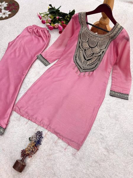 Artisanal Pink Pure Solar Chiffon Silk Top Palazzo Set with Sequin Embroidery Embroidery Kurtis 