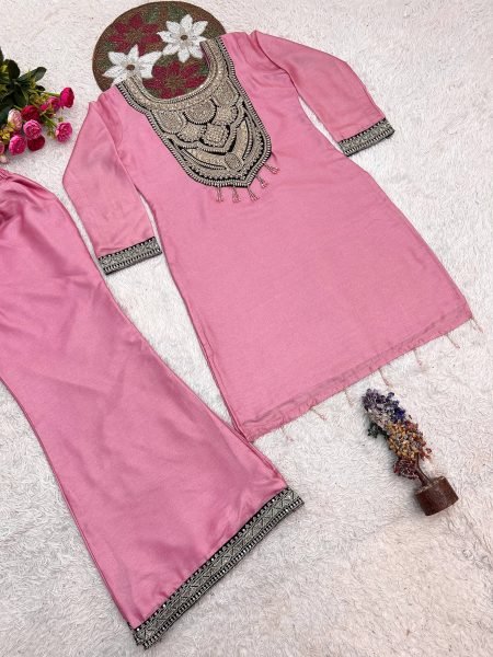 Artisanal Pink Pure Solar Chiffon Silk Top Palazzo Set with Sequin Embroidery Embroidery Kurtis 