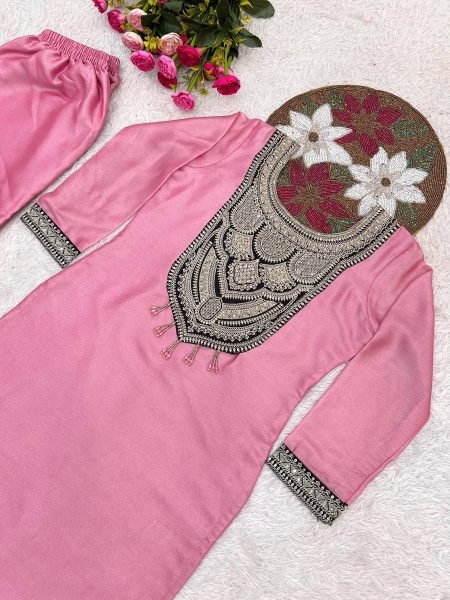 Artisanal Pink Pure Solar Chiffon Silk Top Palazzo Set with Sequin Embroidery Embroidery Kurtis 