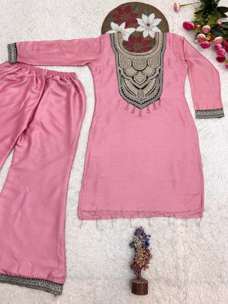 Artisanal Pink Pure Solar Chiffon Silk Top Palazzo Set with Sequin Embroidery Embroidery Kurtis 