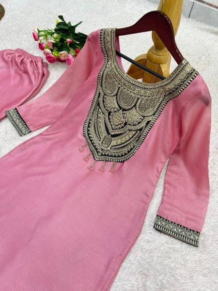Artisanal Pink Pure Solar Chiffon Silk Top Palazzo Set with Sequin Embroidery Embroidery Kurtis 