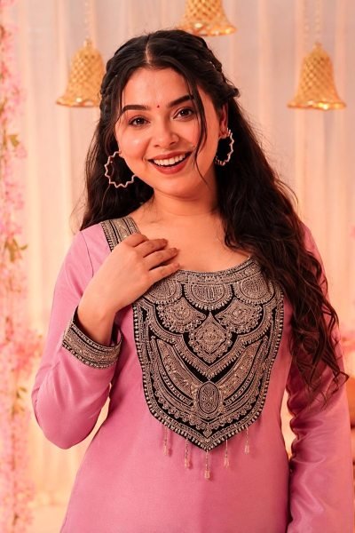 Artisanal Pink Pure Solar Chiffon Silk Top Palazzo Set with Sequin Embroidery Embroidery Kurtis 