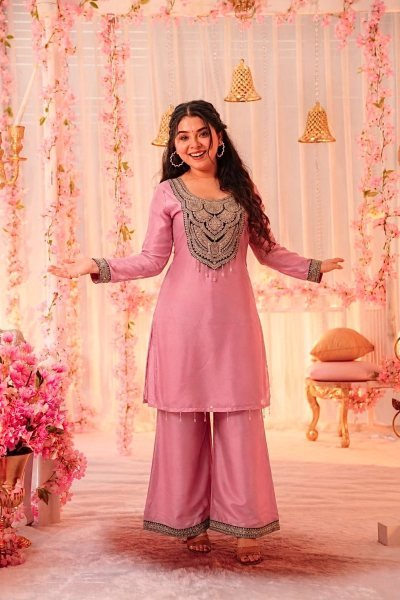 Artisanal Pink Pure Solar Chiffon Silk Top Palazzo Set with Sequin Embroidery Embroidery Kurtis 