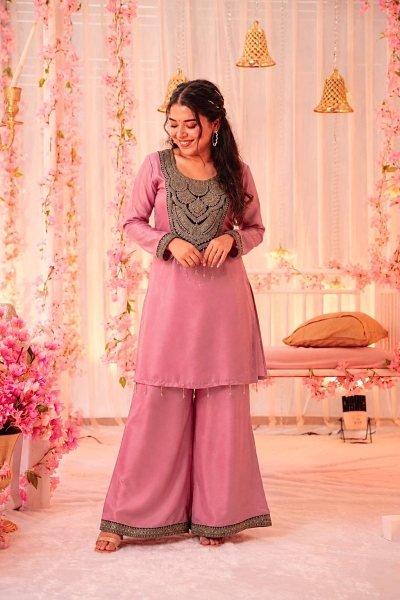 Artisanal Pink Pure Solar Chiffon Silk Top Palazzo Set with Sequin Embroidery Embroidery Kurtis 
