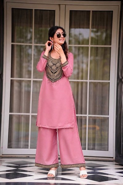 Artisanal Pink Pure Solar Chiffon Silk Top Palazzo Set with Sequin Embroidery Embroidery Kurtis 