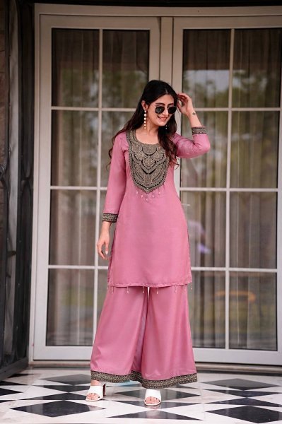 Artisanal Pink Pure Solar Chiffon Silk Top Palazzo Set with Sequin Embroidery Embroidery Kurtis 