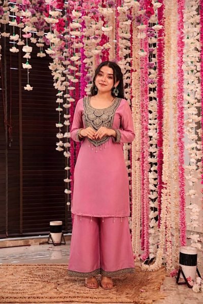 Artisanal Pink Pure Solar Chiffon Silk Top Palazzo Set with Sequin Embroidery Embroidery Kurtis 