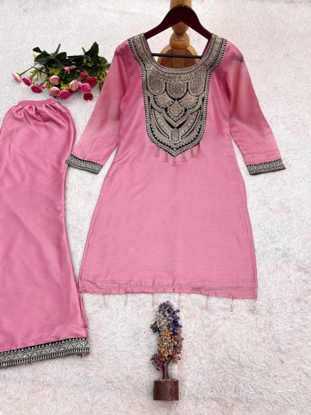 Artisanal Pink Pure Solar Chiffon Silk Top Palazzo Set with Sequin Embroidery Embroidery Kurtis 