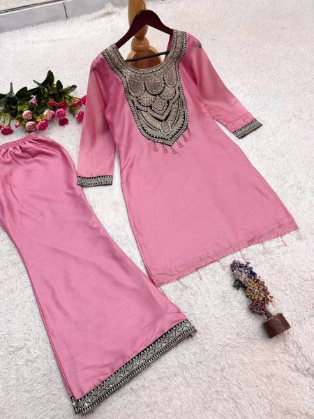 Artisanal Pink Pure Solar Chiffon Silk Top Palazzo Set with Sequin Embroidery Embroidery Kurtis 