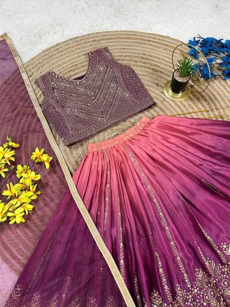 Artisanal Purple Chinon Silk Lehenga Choli with Sequin Embellishments for Traditional Events Girls Wear