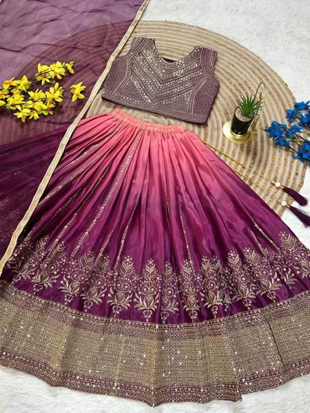 Artisanal Purple Chinon Silk Lehenga Choli with Sequin Embellishments for Traditional Events Girls Wear