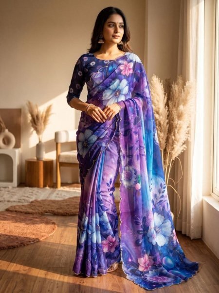 Artisanal Purple Designer Tebby Silk Floral Print Saree with Rich Katdana Handwork Blouse at Manufacturer Rate Sarees 