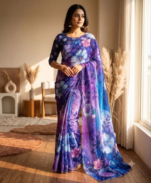 Artisanal Purple Designer Tebby Silk Floral Print Saree with Rich Katdana Handwork Blouse at Manufacturer Rate Silk Sarees Wholesale