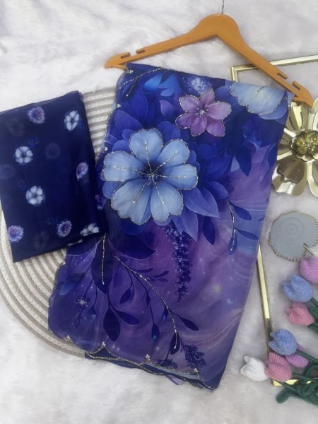 Artisanal Purple Designer Tebby Silk Floral Print Saree with Rich Katdana Handwork Blouse at Manufacturer Rate Silk Sarees Wholesale