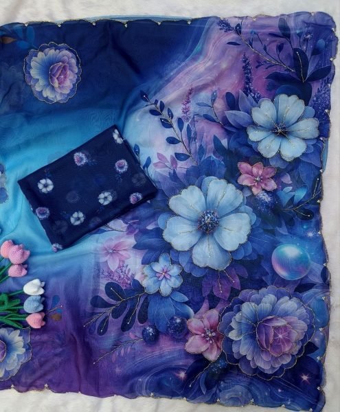 Artisanal Purple Designer Tebby Silk Floral Print Saree with Rich Katdana Handwork Blouse at Manufacturer Rate Silk Sarees Wholesale