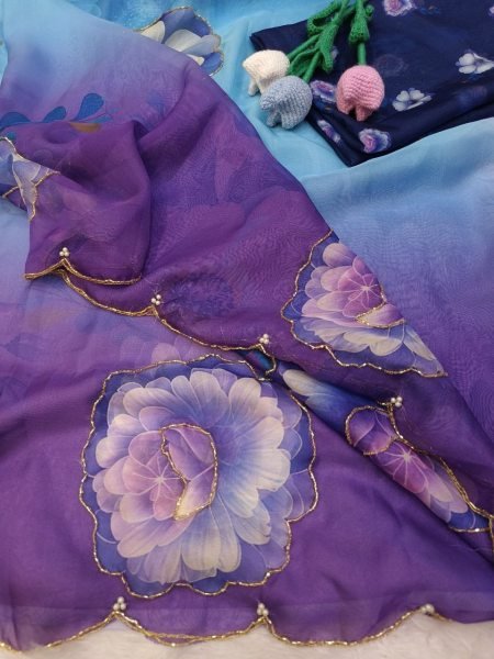 Artisanal Purple Designer Tebby Silk Floral Print Saree with Rich Katdana Handwork Blouse at Manufacturer Rate Silk Sarees Wholesale