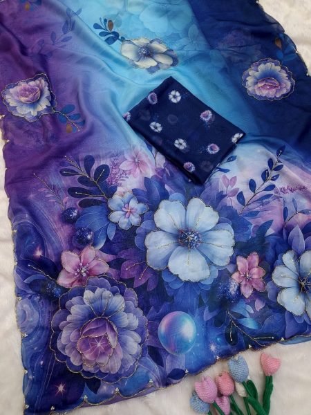 Artisanal Purple Designer Tebby Silk Floral Print Saree with Rich Katdana Handwork Blouse at Manufacturer Rate Silk Sarees Wholesale