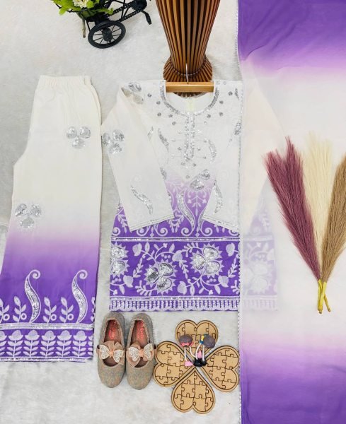 Artisanal Purple Heavy Crepe Palazzo Suit for Girls with Embroidery and Fancy Dupatta Girls Wear