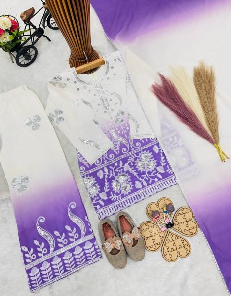 Artisanal Purple Heavy Crepe Palazzo Suit for Girls with Embroidery and Fancy Dupatta Girls Wear