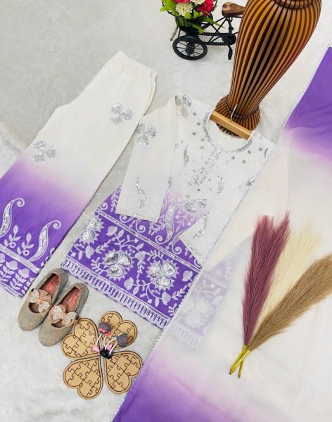 Artisanal Purple Heavy Crepe Palazzo Suit for Girls with Embroidery and Fancy Dupatta Girls Wear