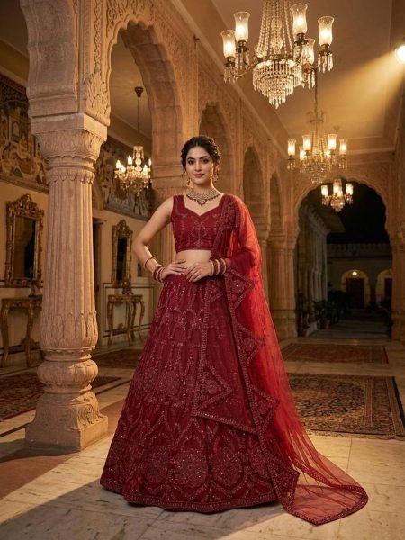 Artisanal Red Butterfly Net Lehenga with Coding Sequins Work for Wedding Wear  Lehenga