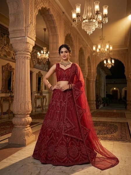 Artisanal Red Butterfly Net Lehenga with Coding Sequins Work for Wedding Wear Bridal Lehenga Choli