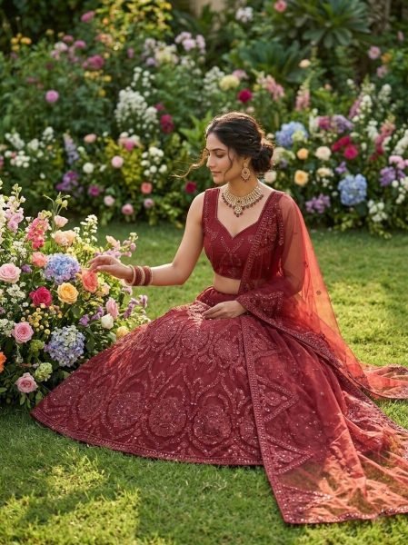 Artisanal Red Butterfly Net Lehenga with Coding Sequins Work for Wedding Wear Bridal Lehenga Choli