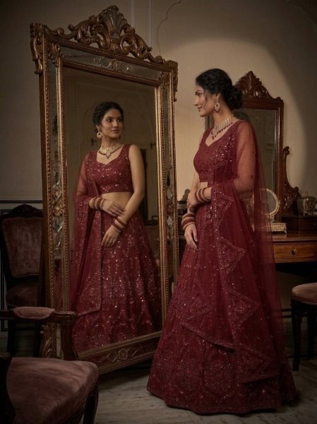 Artisanal Red Butterfly Net Lehenga with Coding Sequins Work for Wedding Wear Bridal Lehenga Choli